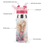 Personalized Pink Mermaid 12oz Insulated Kid Water Bottle with Name and Silicone Straw Back to School Birthday Gift for Girls