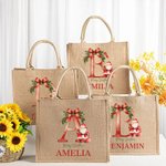 Personalizado Feliz Navidad Acebo Lazo Inicial Santa Claus Bolsa de yute con nombre Festival Fiesta Familia Regalo para Mujeres Niñas
