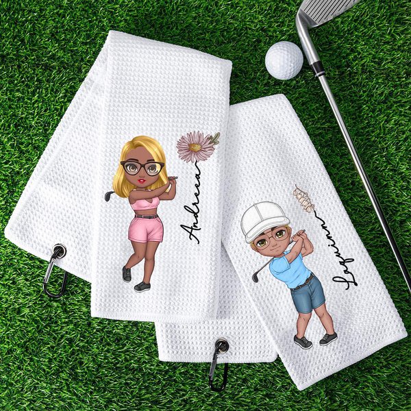 Personalisiertes Saugfähiges Waffel Golf-Handtuch mit Cartoon-Charakter Geburtsblume Namen Karabinerhaken Sport Zubehör Geschenk für Golfspieler