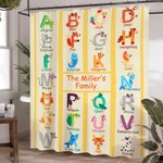 Personalised Cartoon Animal Alphabet ABC Learning Shower Curtain with 12 Rust-Proof Grommets Bathroom Decor Birthday Gift for Baby Girls Boys