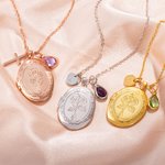 Personalized Engraved Birth Flower Birthstone Photo Locket Necklace with Cross or Initial Charm Dainty Jewelry Birthday Christian Gift for Women