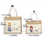Personalised Cartoon Mom Grandma Holding Birth Flower Bouquet Large Jute Tote Bag with Name and Canvas Pocket Birthday Christmas Gift for Women
