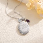 Personalized Engraved Birth Flower Birthstone Photo Locket Necklace with Cross or Initial Charm Dainty Jewelry Birthday Christian Gift for Women