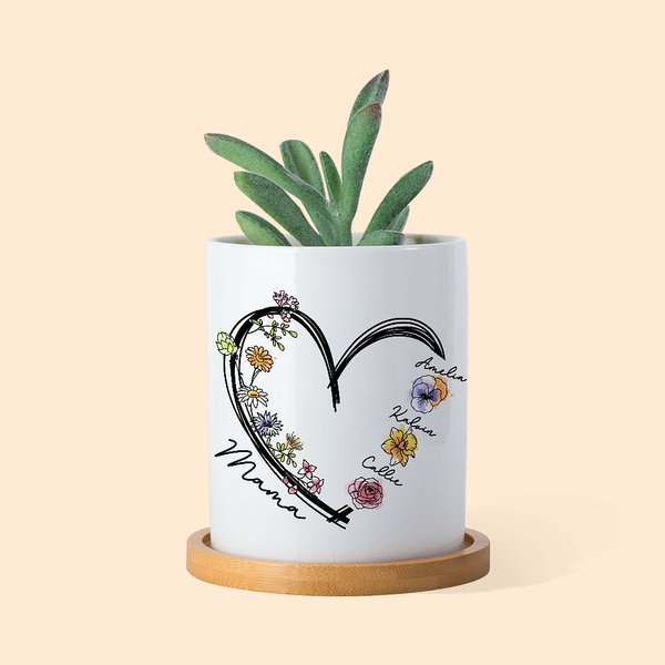 Henkilökohtainen Sydän akvarelli Syntymä Kukat Keraamiset Kasvi Potti 1-6 Nimet ja Bambu Base Äidin syntymäpäivälahja äidille isoäitiille