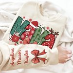 Personalised Christmas Theme Santa Hat Coquette Bow Snowflake Mama Sweatshirt Hoodie with 1-6 Names Christmas Festival Gift for Mom