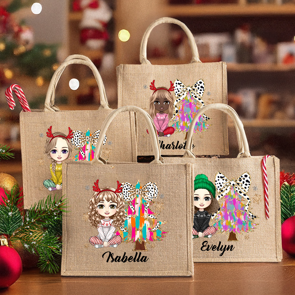 Sac en Jute Personnalisé de Personnage Dessiné et Nom avec Motif Sapin à Nœud Papillon Grande Capacité Cadeau Noël Fête pour Femme Fille