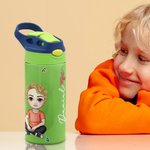 Personalised Cute Cartoon Character 12oz Name Water Bottle with Straw and Push Button Lid Children's Day Back to School Gift for Girls Boys
