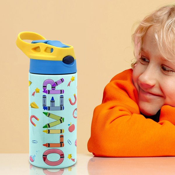 Personalisierte Thermosflasche mit Wachsmalstift-Namen Auslaufsichere Kinderflasche 350ml Einschulung Outdoor Sport Geschenk für Kinder