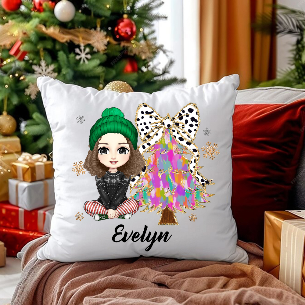 Taie d'oreiller personnalisée en forme de personnage de dessin animé avec arbre de Noël pailleté, avec nom, décoration d'intérieur, cadeau de Noël pou