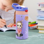 Personalised Cute Cartoon Character 12oz Name Water Bottle with Straw and Push Button Lid Children's Day Back to School Gift for Girls Boys