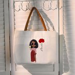 Sac Fourre-tout en Toile Personnalisé avec Nom Personnage Cartoon à la Mode et Fleur de Naissance Cadeau d'Anniversaire de Mariage pour les Femmes