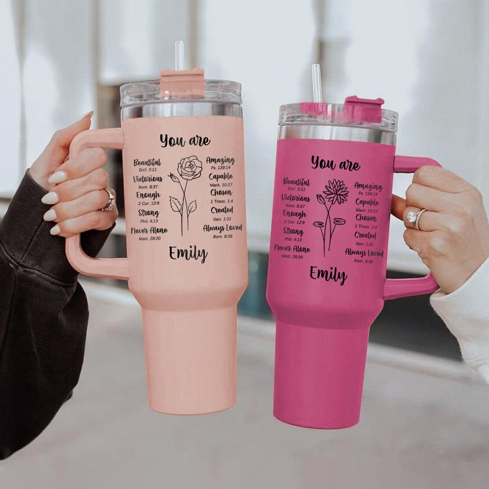 Versetto biblico personalizzato del fiore di nascita da 40 oz. Bicchiere isolato con nome e cannuccia