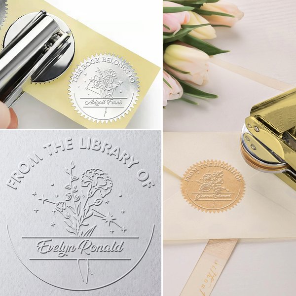 Personalised Star Sign Birth Flower Embosser Stamp Hand Held Embosser Set with Text and Name Birthday Gift for Book Lovers