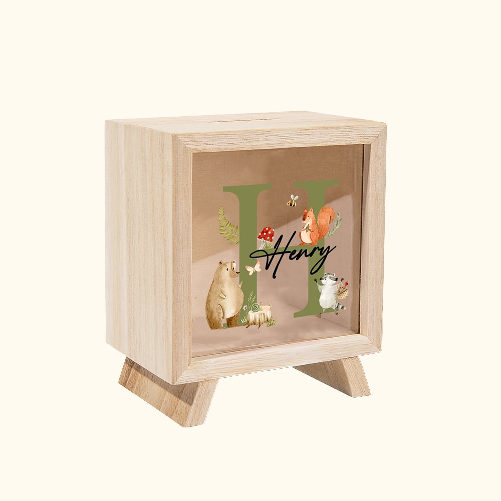 Tirelire en bois transparente avec nom et initiales Cadeau d'anniversaire pour les enfants