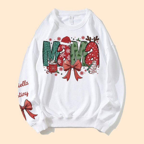 Personalised Christmas Theme Santa Hat Coquette Bow Snowflake Mama Sweatshirt Hoodie with 1-6 Names Christmas Festival Gift for Mom