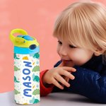 Personalisierte bunte Dinosaurier Cartoon 12oz Name Wasserflasche mit Silikon Stroh auslaufsicher Deckel und Griff Geburtstag zurück zu Schule Geschen