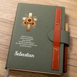 Personalisierte Floral Cross Bibel Vers A5 liniert Leder Gebet Notebook hölzernen Stift Set mit Namen Kirche Weihnachtsgeschenk für Christen
