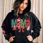 Personalised Christmas Theme Santa Hat Coquette Bow Snowflake Mama Sweatshirt Hoodie with 1-6 Names Christmas Festival Gift for Mom