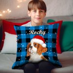 Personalized Colourful Plaid Snowflake Cat Dog Santa Hat Photo Throw Pillow Cover with Name Home Decor Christmas Birthday Gift for Pet Owners