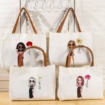 Sac Fourre-tout en Toile Personnalisé avec Nom Personnage Cartoon à la Mode et Fleur de Naissance Cadeau d'Anniversaire de Mariage pour les Femmes