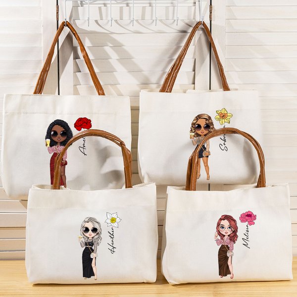 Personalized Fashion Cartoon Character Birth Flower Canvas Large Tote Bag with Name Wedding Party Birthday Gift for Women