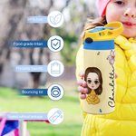 Personalised Cute Cartoon Character 12oz Name Water Bottle with Straw and Push Button Lid Children's Day Back to School Gift for Girls Boys