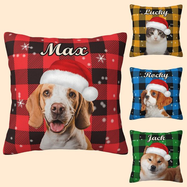 Housse de coussin personnalisée avec nom pour chat, chien, bonnet de père Noël, flocon de neige, décoration d'intérieur, cadeau d'anniversaire pour le