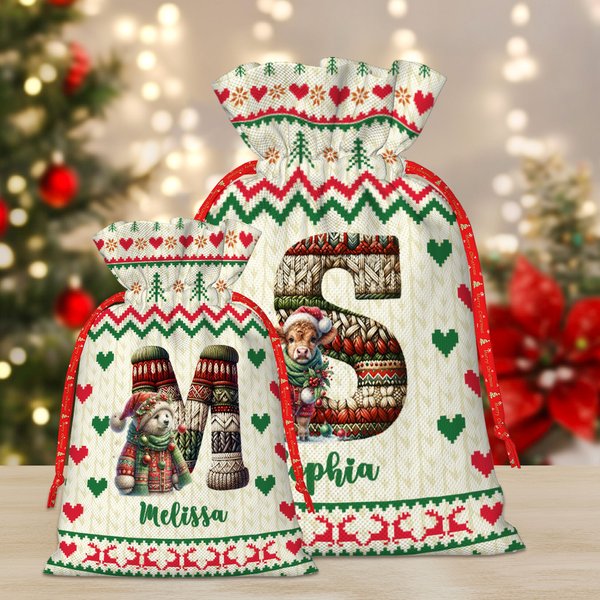 Personalizada de Navidad de punto suéter de animales bolsa de cordón con el nombre y la inicial de regalo de Navidad para los niños de la familia