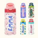 Personalisierte bunte Dinosaurier Cartoon 12oz Name Wasserflasche mit Silikon Stroh auslaufsicher Deckel und Griff Geburtstag zurück zu Schule Geschen