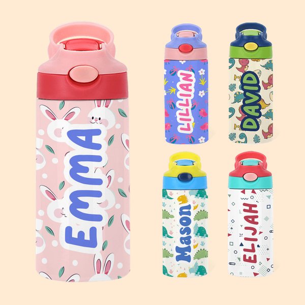 Gepersonaliseerde kleurrijke dinosaurus cartoon 12oz naam waterfles met siliconen rietje morsbestendig deksel en handvat verjaardag terug naar school