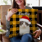 Personalized Colourful Plaid Snowflake Cat Dog Santa Hat Photo Throw Pillow Cover with Name Home Decor Christmas Birthday Gift for Pet Owners
