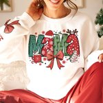 Personalised Christmas Theme Santa Hat Coquette Bow Snowflake Mama Sweatshirt Hoodie with 1-6 Names Christmas Festival Gift for Mom