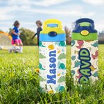 Personalisierte bunte Dinosaurier Cartoon 12oz Name Wasserflasche mit Silikon Stroh auslaufsicher Deckel und Griff Geburtstag zurück zu Schule Geschen