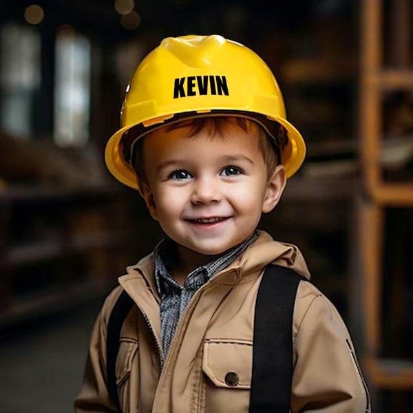 Personnalisé Jaune Bleu Blanc Ajustable Enfant Casquette de chantier avec Nom Thème Bâtiment Fête Déguisée Cadeau d'Anniversaire pour Garçons Filles