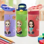 Personalised Cute Cartoon Character 12oz Name Water Bottle with Straw and Push Button Lid Children's Day Back to School Gift for Girls Boys