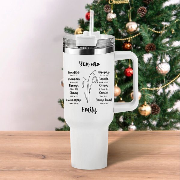 Versetto biblico personalizzato del fiore di nascita da 40 oz. Bicchiere isolato con nome e cannuccia Regalo di Natale cristiano per le donne