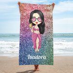 Personalized Faux Glitter Cartoon Quick Dry Oversized Microfiber Beach Towel with Name Summer Travel Essential Birthday Gift for Women Girls