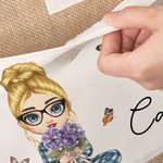 Personalised Cartoon Mom Grandma Holding Birth Flower Bouquet Large Jute Tote Bag with Name and Canvas Pocket Birthday Christmas Gift for Women