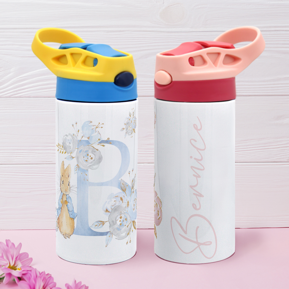 Gourde Isotherme 350ml Personnalisée avec Initiale Nom Pierre Lapin Bouteille avec Couvercle Presser-Ouvrir Cadeau Rentrée Scolaire Noël pour Enfant