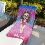 Personalized Faux Glitter Cartoon Quick Dry Oversized Microfiber Beach Towel with Name Summer Travel Essential Birthday Gift for Women Girls