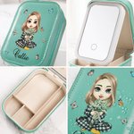 Personalised Cartoon Character Birth Flower Bouquet Leather Travel Jewellery Box with Name Changing Colour LED Makeup Mirror Christmas Gift for Women