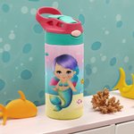 Personalised Marine Mermaid Stainless Steel Name Kid Water Bottle with Silicone Straw Birthday Gift for Girl