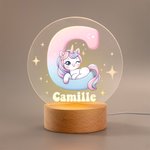 Veilleuse LED Personnalisée avec Nom et Initiale à Motif de Licorne Mignonne Base en Bois Cadeau Anniversaire Baby Shower pour Enfant Bébé