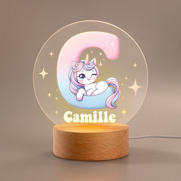 Veilleuse LED Personnalisée avec Nom et Initiale à Motif de Licorne Mignonne Base en Bois Cadeau Anniversaire Baby Shower pour Enfant Bébé