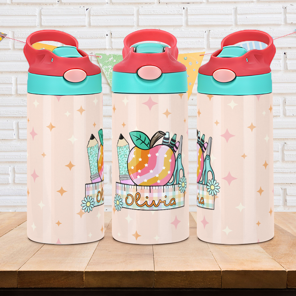 Bouteille d'eau isotherme personnalisée avec nom et paille en silicone Cadeau d'anniversaire de rentrée scolaire pour les enfants