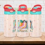 Personalised Cute Apple Stationery 12oz Insulated Water Bottle with Name and Silicone Straw Back to School Birthday Gift for Kids