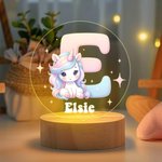 Veilleuse LED Personnalisée avec Nom et Initiale à Motif de Licorne Mignonne Base en Bois Cadeau Anniversaire Baby Shower pour Enfant Bébé