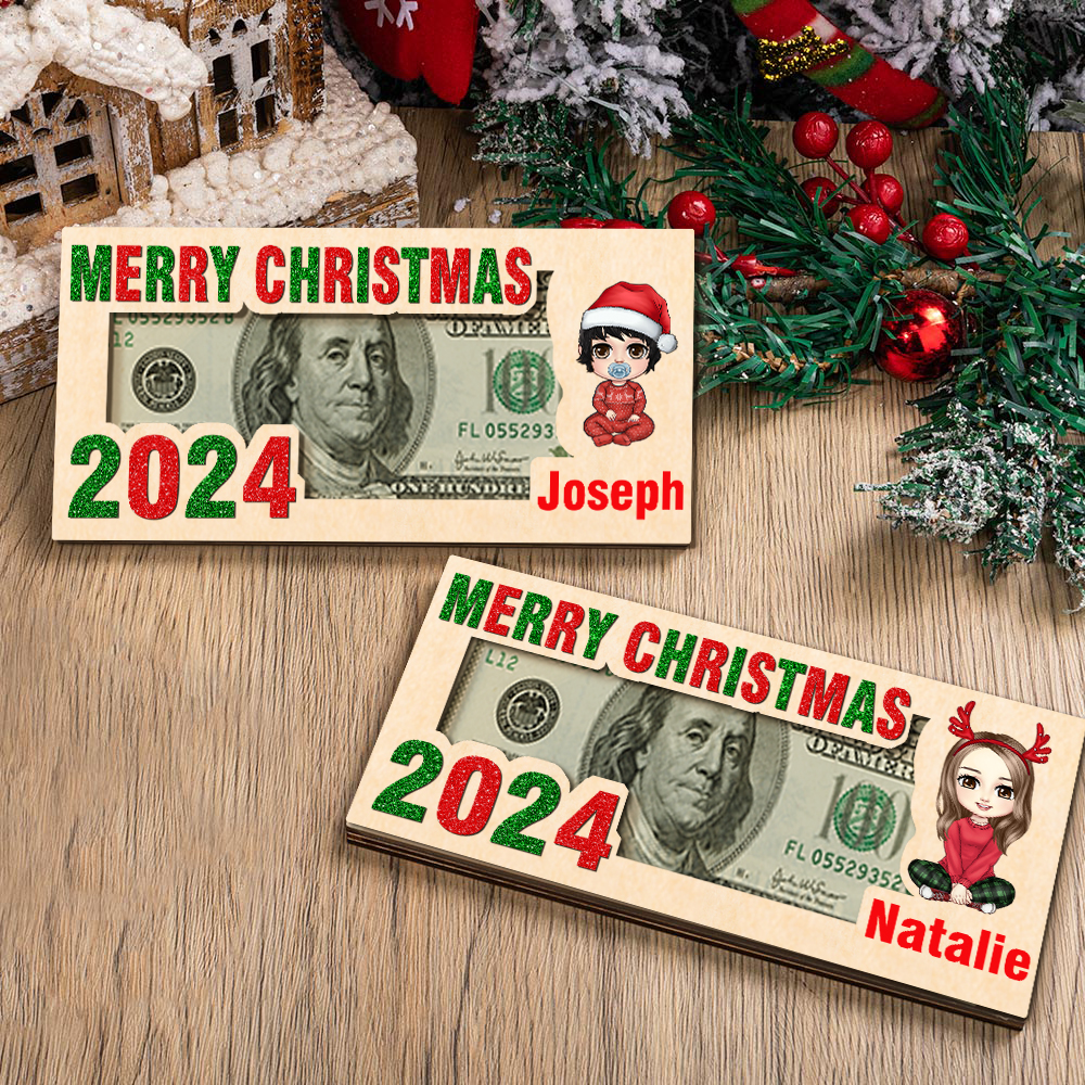 Porte-monnaie en bois avec nom Joyeux Noël personnalisé Personnage mignon de dessin animé Cadeau de fête pour enfants Famille
