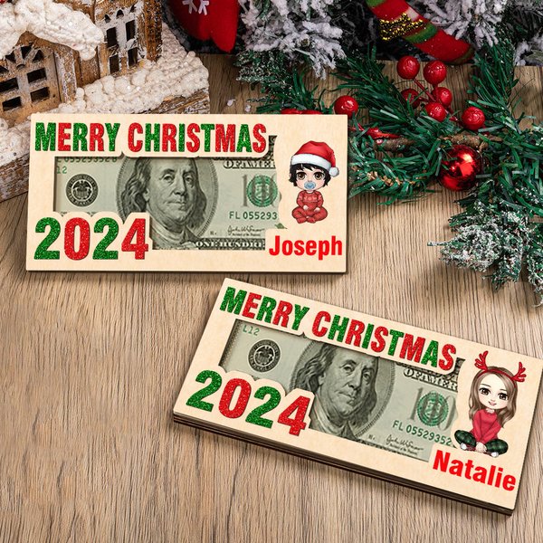 Personalised Merry Christmas Cute Cartoon Character Wooden Money Holder with Name Holiday Party Favors Gift for Kids Family