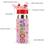 Gourde Multicolore Personnalisée avec Nom Bouteille avec Paille en Silicone Accessoire de Sport Cadeau Rentrée Scolaire pour Enfant